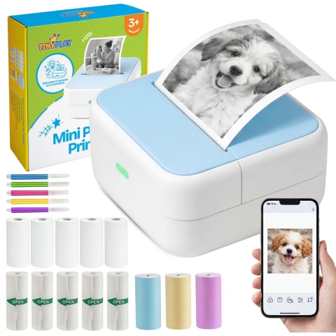 TinyPlay Mini Printer 300 DPI - Pocket Printer - 13 rollen papier in kleur, Sticker en wit - Mobiele fotoprinter - voor Smartphone - Thermische draagbare printer - Thermal miniprinter