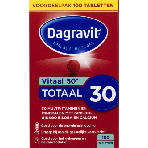 Dagravit Totaal 30 Vitaal 50+ Multivitaminen voordeelverpakking - Vitamine B1, B2, B3, B5, B6, B12 en koper dragen bij aan een goede energiehuishouding - 100 tabletten