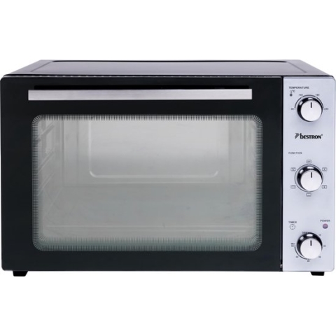 Bestron vrijstaande Oven met 55L volume, Bakoven inlcusief Grillrooster, Draaispit, Bakschaal & Heteluchtfunctie, met 5 programma’s tot max. 230 °C, timer & indicatielampje, 2000 Watt, kleur: zilver / zwart