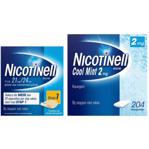 Nicotinell Combineer Pleister 21 mg (7st) en Kauwgom Cool Mint 2 mg (204st) -