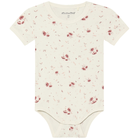 Minymo Romper s/s - Viscose - Peach Zweep m. Bloemen - Minymo - 62 - Rompers Korte Mouw