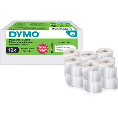 DYMO 2234186 Rol met etiketten 19 x 51 mm Wit 12 rol/rollen Weer verwijderbaar Multifunctionele etiketten