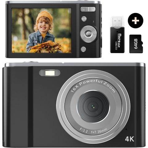 K&L Digitale Camera 4K - 64MP - Fototoestel - Compact Camera - Vlog Camera - Voor Kinderen - Inclusief 64GB - NL Software
