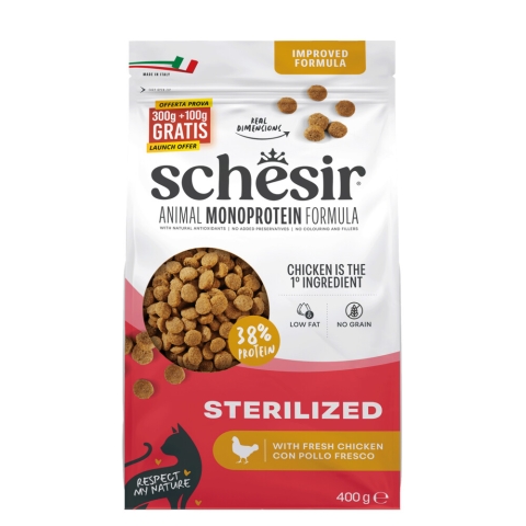 8x Schesir Monoproteïne Promo Kattenvoer Droog Sterilized Kip 400 gr