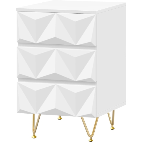 Eugad Nachtkastje - 3 Lades - Modern 3D Design - Wit met Goud