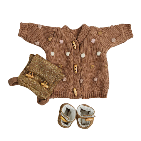 Smallstuff - Doll clothing, knitted long dot cardigan, shoes and backpack - (40010-47)