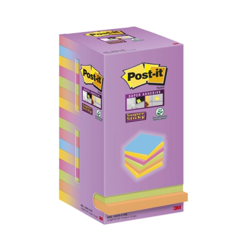Memoblok Post-it Super Sticky 654 76x76mm color 16 stuks