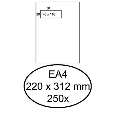 Envelop Hermes akte EA4 220x312mm venster links 4x11cm zelfklevend wit doos à 250 stuks