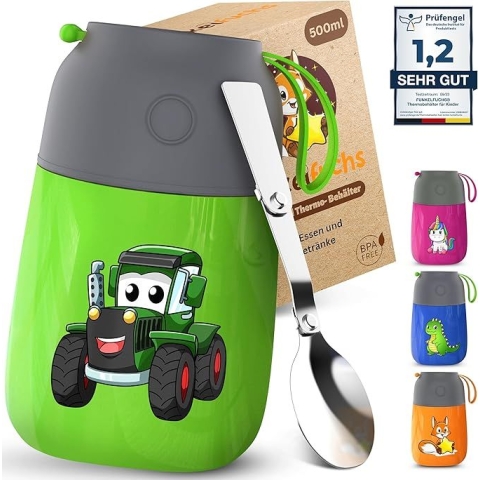 Funkelfuchs® Thermo beker voor kindervoeding - 500ml, groene trekker - 100% lekvrij -