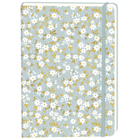 Notitieboek witte bloemen A5 lijn 92 pagina's softcover grijs