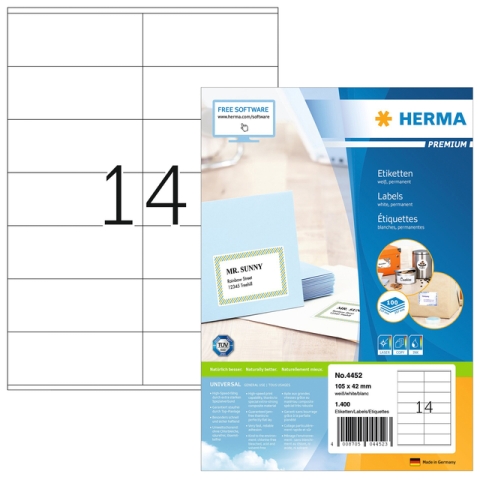 Etiket HERMA 4452 105x42mm premium wit 1400 stuks