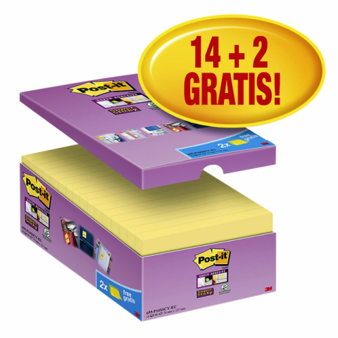 Memoblok Post-it 655 Super Sticky 76x127mm geel 14+2 gratis