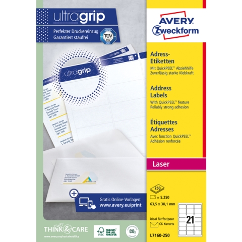 Etiket Avery L7160-250 63.5x38.1mm wit 5250 stuks