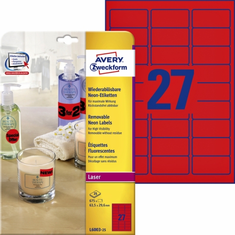 Etiket Avery L6003-25 63.5x29.6 neon rood 675 stuks