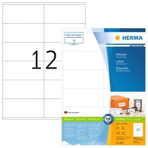 Etiket HERMA 4635 105x48mm premium wit 2400 stuks