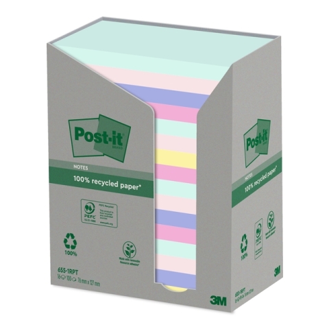 Memoblok Post-it 655-RPT 76x127mm recycled rainbow pastel 16 stuks
