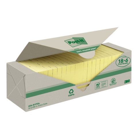Memoblok 3M Post-it 654 76x76mm recycle geel 18 + 6 gratis