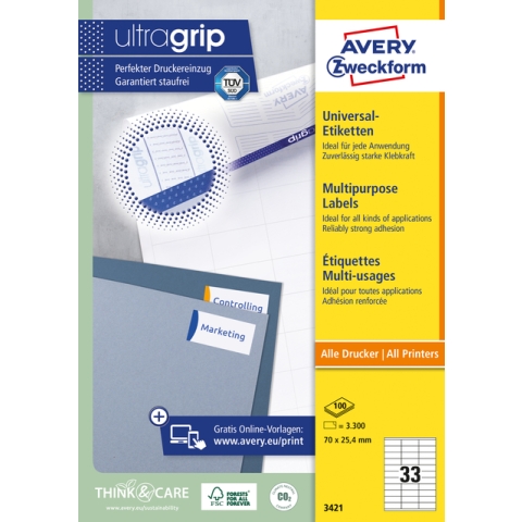 Etiket Avery 3421 70x25.4mm wit 3300 stuks
