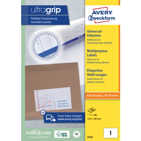 Etiket Avery 6135 210x148mm wit 200 stuks