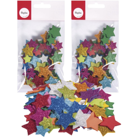Rayher hobby/knutsel sterren met glitters - 200x - zelfklevend - multi kleuren - foam/rubber -