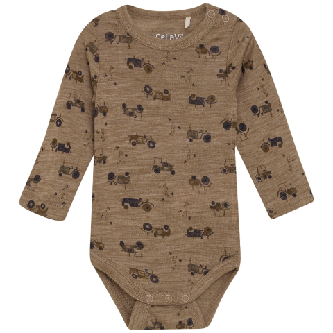 CeLaVi Romper l/s - Wol - Cacao Crème m. Tractors - CeLaVi - 50 - Rompers Lange Mouw