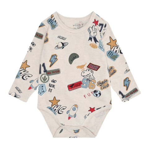 Hust and Claire Romper l/s - Buster Badges - Wheat Melange - Hust and Claire - 62 - Rompers Lange Mouw