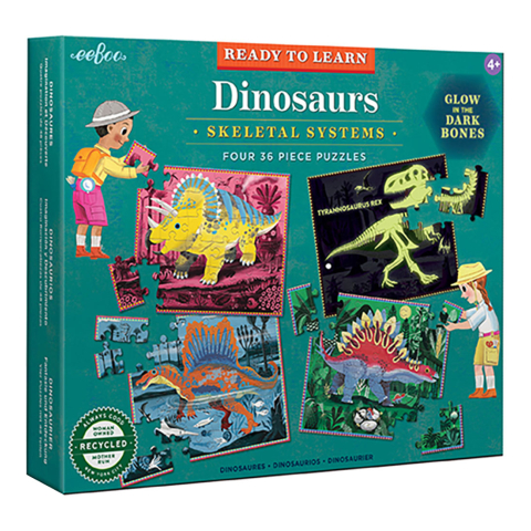 Eeboo Puzzel - licht op in duisternis - 4x36 Bakstenen - dinosau - Eeboo - OneSize - Puzzels