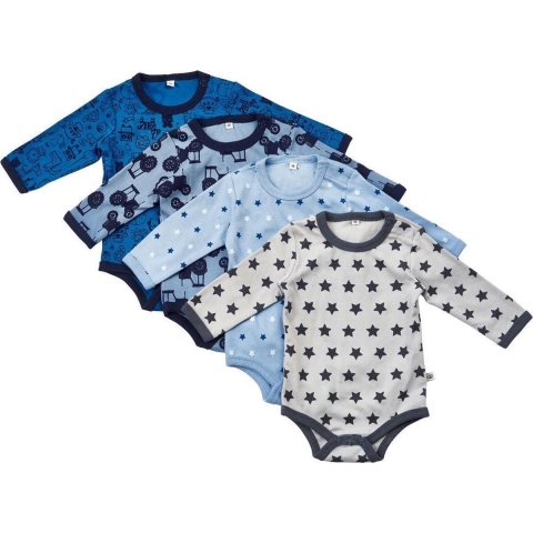 Pippi Rompers l/s - 4-pack - Blauw/Lichtblauw m. Patroon - Pippi Baby - 74 - Rompers Lange Mouw
