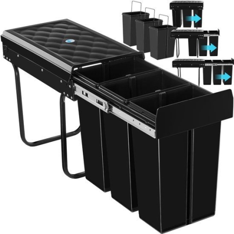 tectake® Ashlyn - Inbouw Prullenbak - 3 Vakken 3x10 L - Telescooprails - Zwart