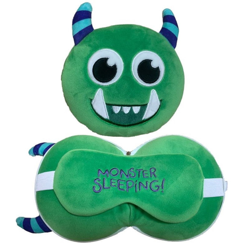 Groen monster knuffel/reiskussen/slaapmasker 3-in-1 voor kinderen -