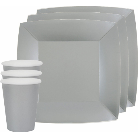 Feest/verjaardag servies set 20x gebaksbordjes en bekertjes - zilver - karton -