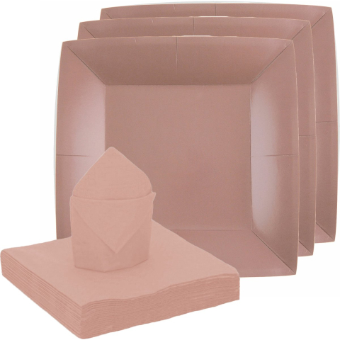 Feest/verjaardag servies set 20x bordjes/25x servetten - rose goud - karton -