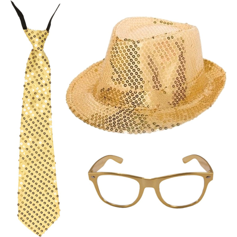 Gouden verkleed set - glitter hoedje - stropdas en feestbril - volwassenen -