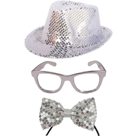 Carnaval verkleed set hoed-strikje-bril zilver glitters -