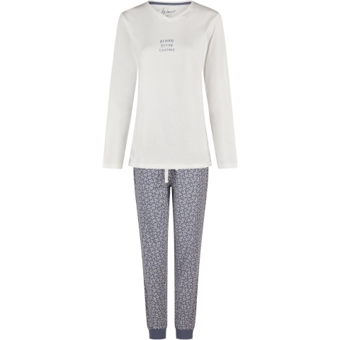 By Louise Dames pyjama set lang v-hals off-white/donkerblauw gebloemd