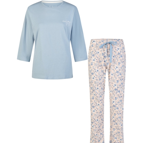 By Louise Dames pyjama set lang/driekwart mouw lichtblauw/wit gebloemd