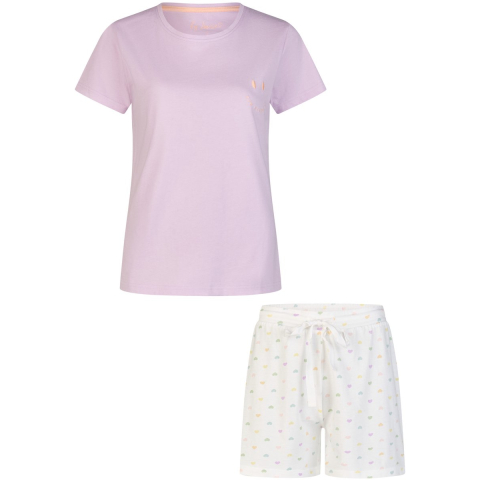 By Louise Dames shortama korte pyjama set geprint paars/wit gestipt