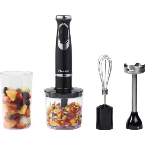Bestron Staafmixer Set, Staafmixer met Hakmolen, Garde, Maatbeker & Blender, 4-1 Set, 600 Watt, kleur: Zwaart/zilver