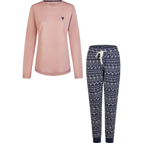 By Louise Dames pyjama set lang katoen roze/donkerblauw norwegian jacquard print