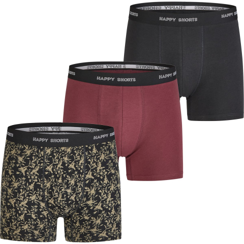 Happy Shorts Heren boxershorts trunks 3-pack zwart/bordeaux rood