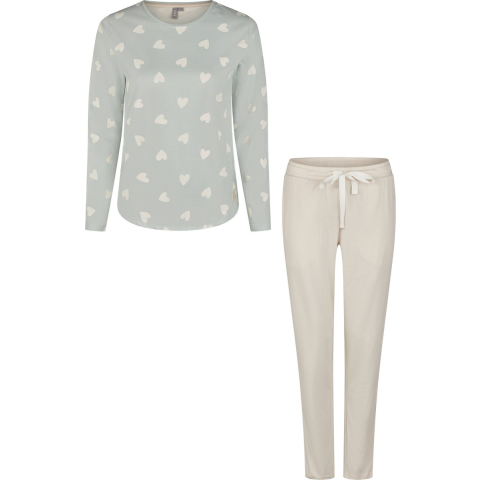 By Louise Dames pyjama set lang katoen mintgroen hartjes/beige gestreept