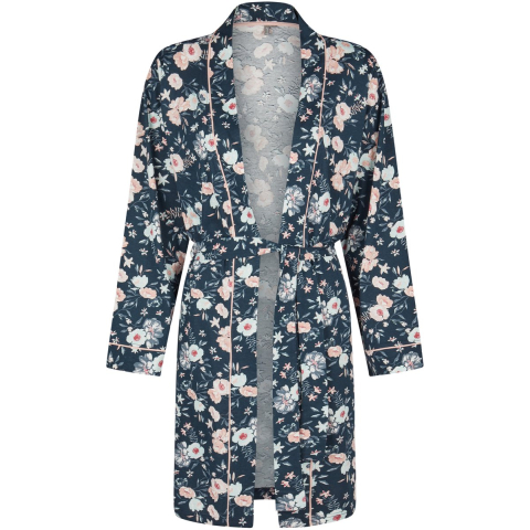 By Louise Dames kimono ochtendjas donkerblauw gebloemd
