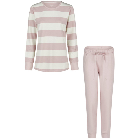 By Louise Dames lounge pyjama set lang sweatstof roze/wit gestreept