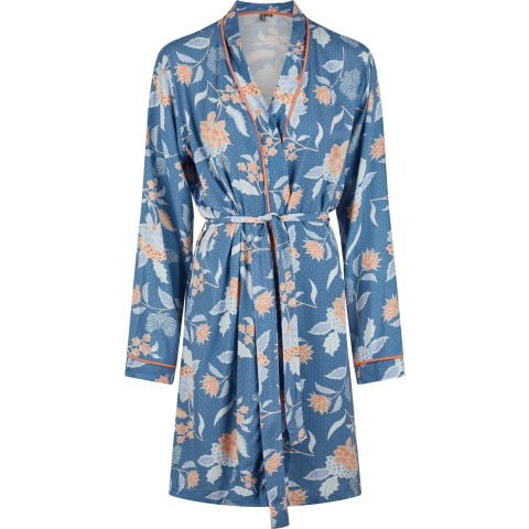 By Louise Dames kimono ochtendjas bamboe viscose blauw/oranje gebloemd