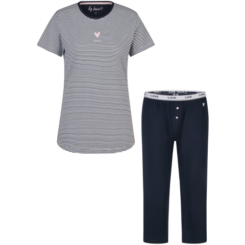 By Louise Dames korte mouwen capri pyjama set lang donkerblauw gestreept