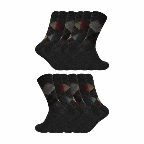 12 paar multiverpakking Argyle lamswollen herensokken - Grijs
