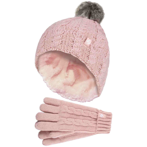 Heat Holders Meisjes Cable Bobble Muts En Handschoenen Set - Schemerig Roze