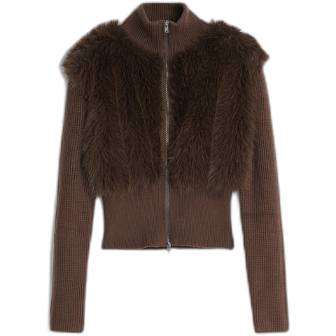 Gebreid jasje met bont - BROWN - M