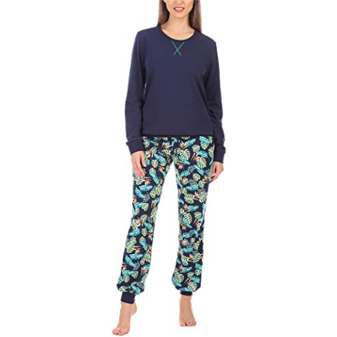 Merry Style Dames Pyjama MS10-168 (Marineblauw/Bladeren, S)