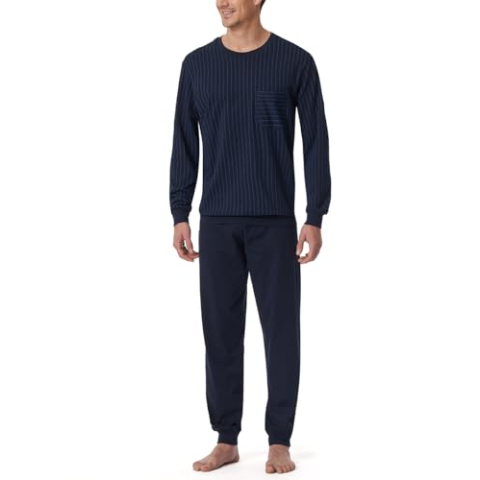 Schiesser Nightwear herenpyjama lang met manchetten, Donkerblauw_182196, 60